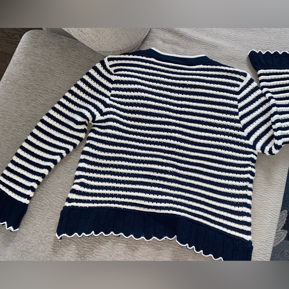 ZARA Navy and White Striped Ruffle Trim Cardigan Sweater - Size L - NEW - Picture 6 of 7